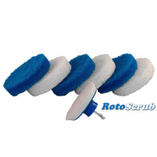 Load image into Gallery viewer, This is a product image of our scrub pads we offer. The velcro backing pad drill attachment is show in front of the scrub pads.