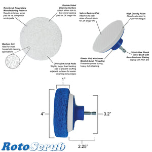 This image shows dimensions and callouts for the scrub pad and the velcro backing pad drill attachment.