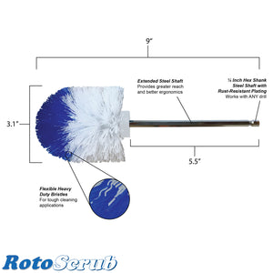 This is a dimension and callout photo listing key highlights of the extended reach bottle brush.