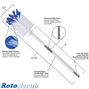 This is a dimension and callout photo listing key highlights of the extended reach bottle brush drill attachment.