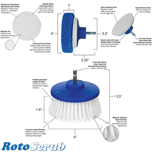 This is a dimension and callout photo listing key highlights of the scrub pads and the scrub brush.