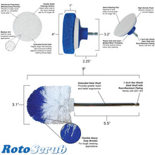 Load image into Gallery viewer, This is a dimension and callout photo listing key highlights of the scrub pad drill attachment and the extended reach round head brush attachment.