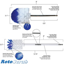 Load image into Gallery viewer, This is a dimension and callout photo listing key highlights of the extended reach bottle brush and the extended reach round head brush.