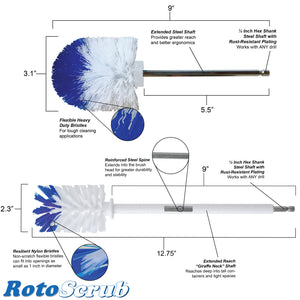This is a dimension and callout photo listing key highlights of the extended reach bottle brush and the extended reach round head brush.