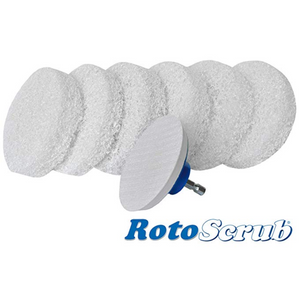 This is a product image of our scrub pads we offer. There are six pads with a velcro back pad drill attachment.